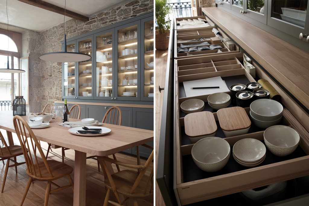 Cuisine avec îlot et ouverte sur la salle à manger, équipée avec des meubles conçus par Santos