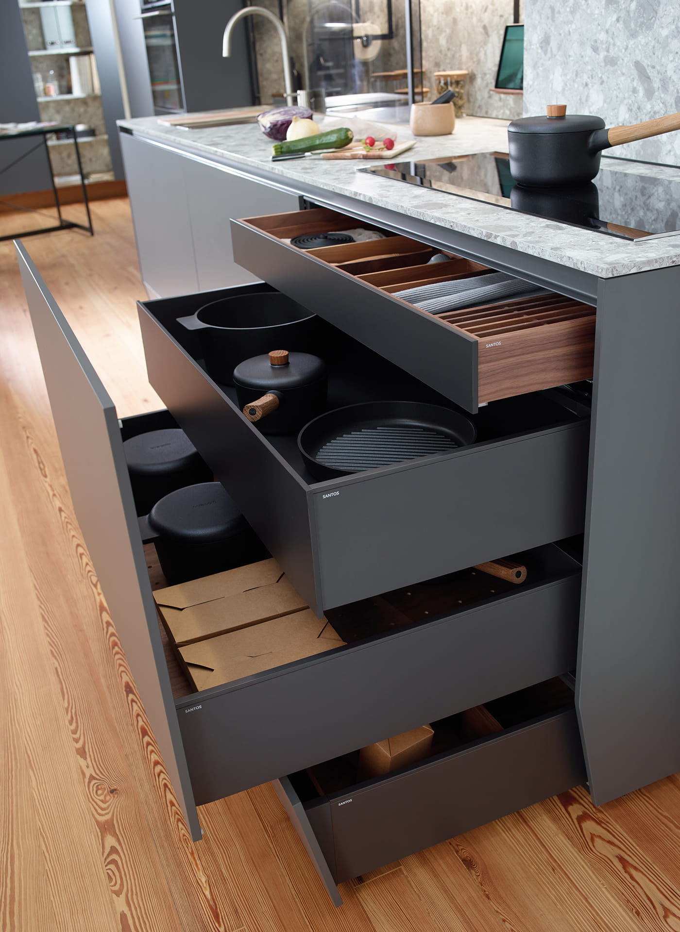 Santos kitchen furniture: base units, essentials for working, organising and storing