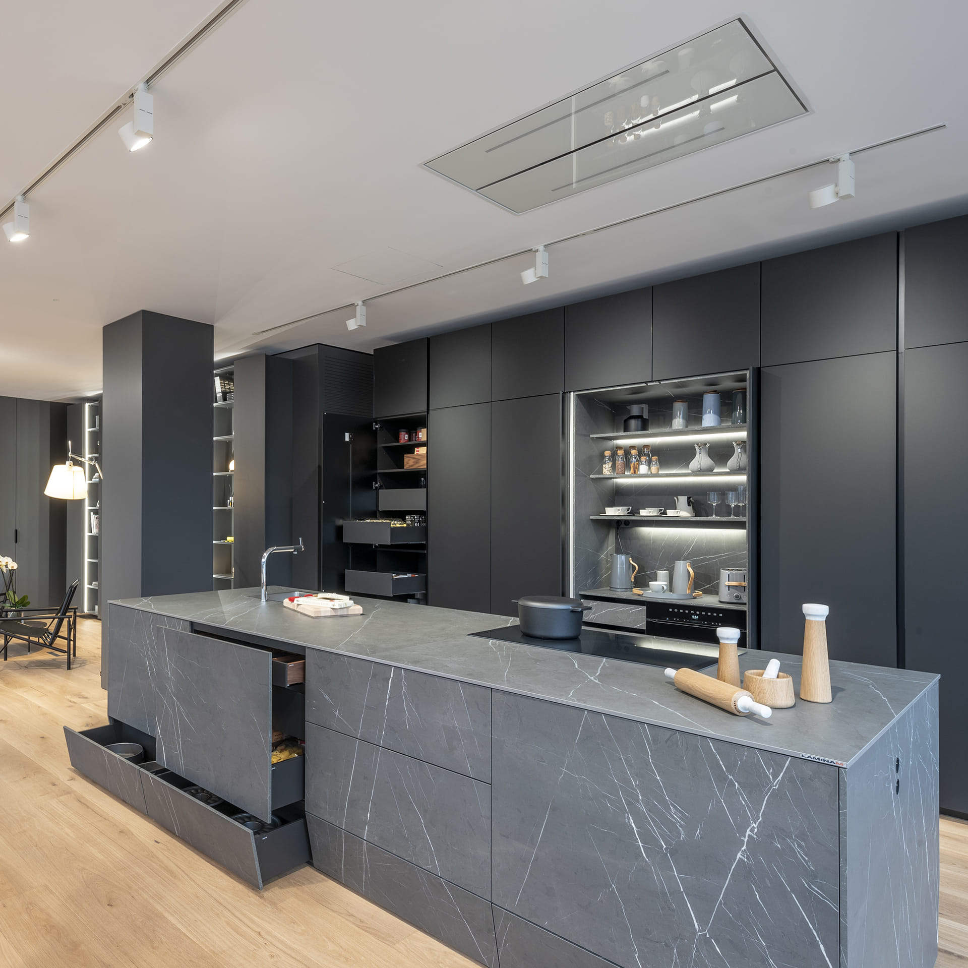 Santos Silk Black and Grey Marble open-plan kitchen