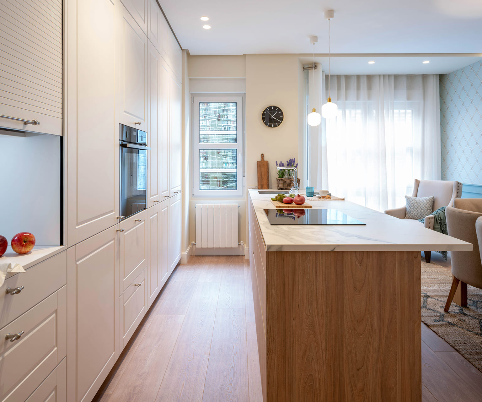 Santos white kitchen with island and office