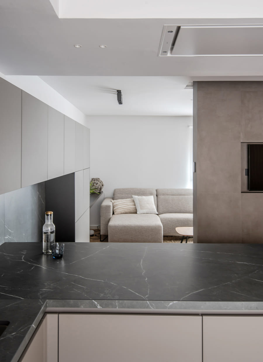 Grey Santos kitchen open to the living room
