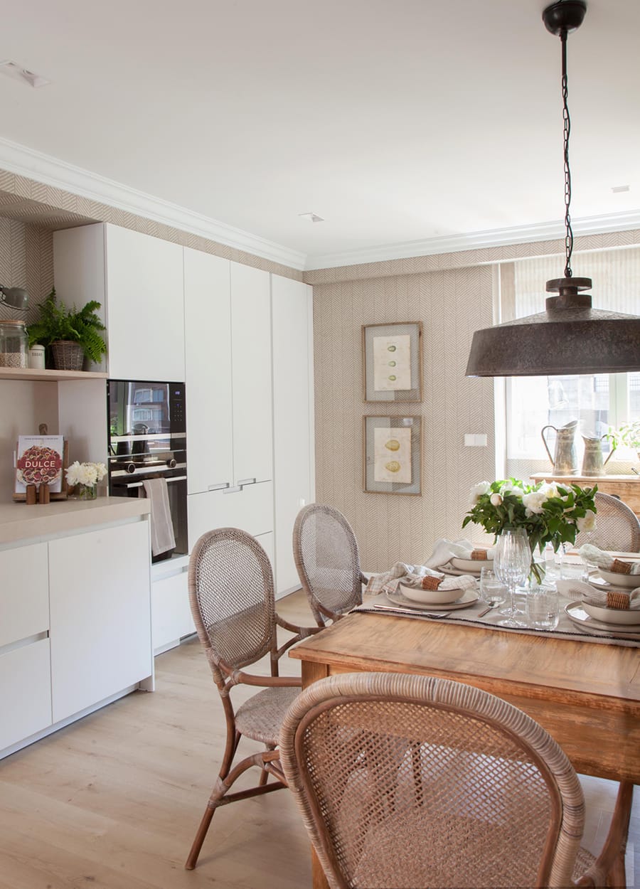 Single-wall, white Santos kitchen with centre table
