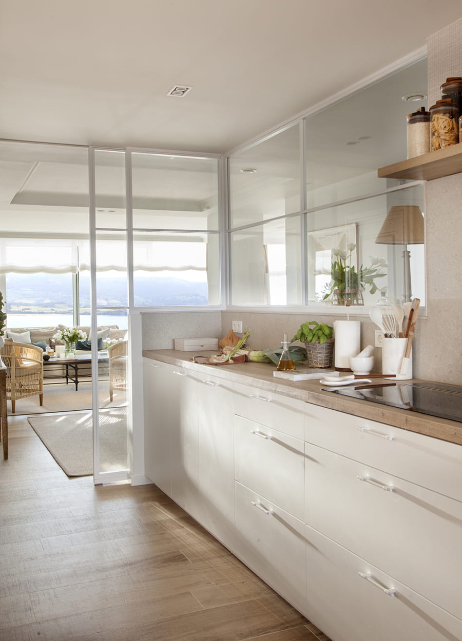 Long, narrow, white Santos kitchen renovation