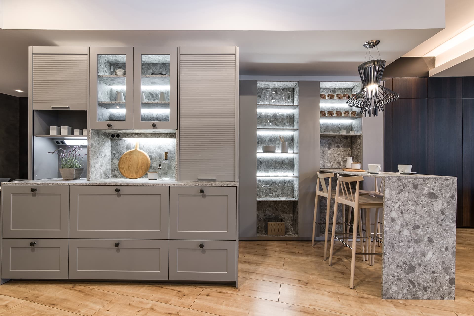Grey Santos kitchen with island and sideboard