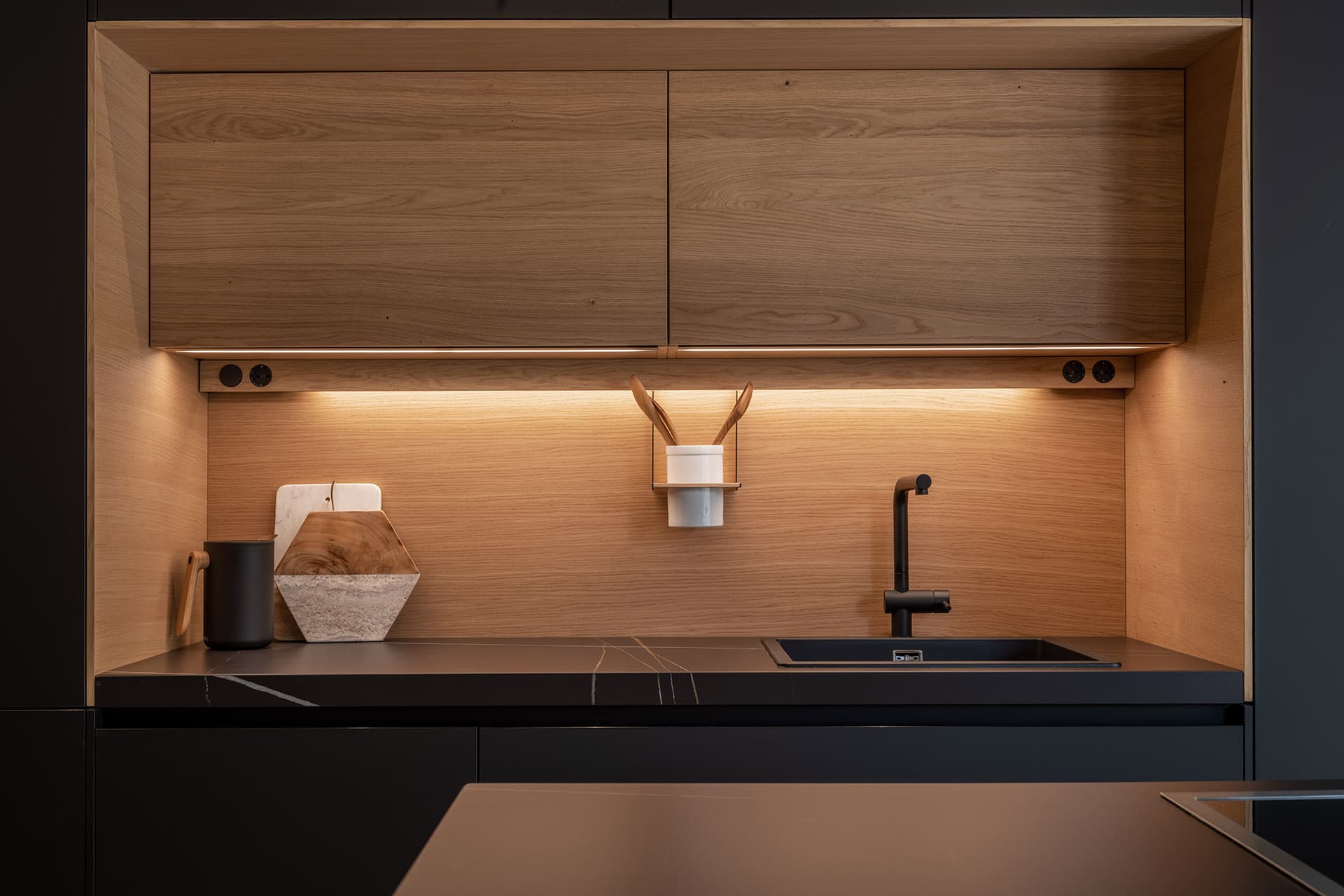 Santos kitchen in a wood and black finish